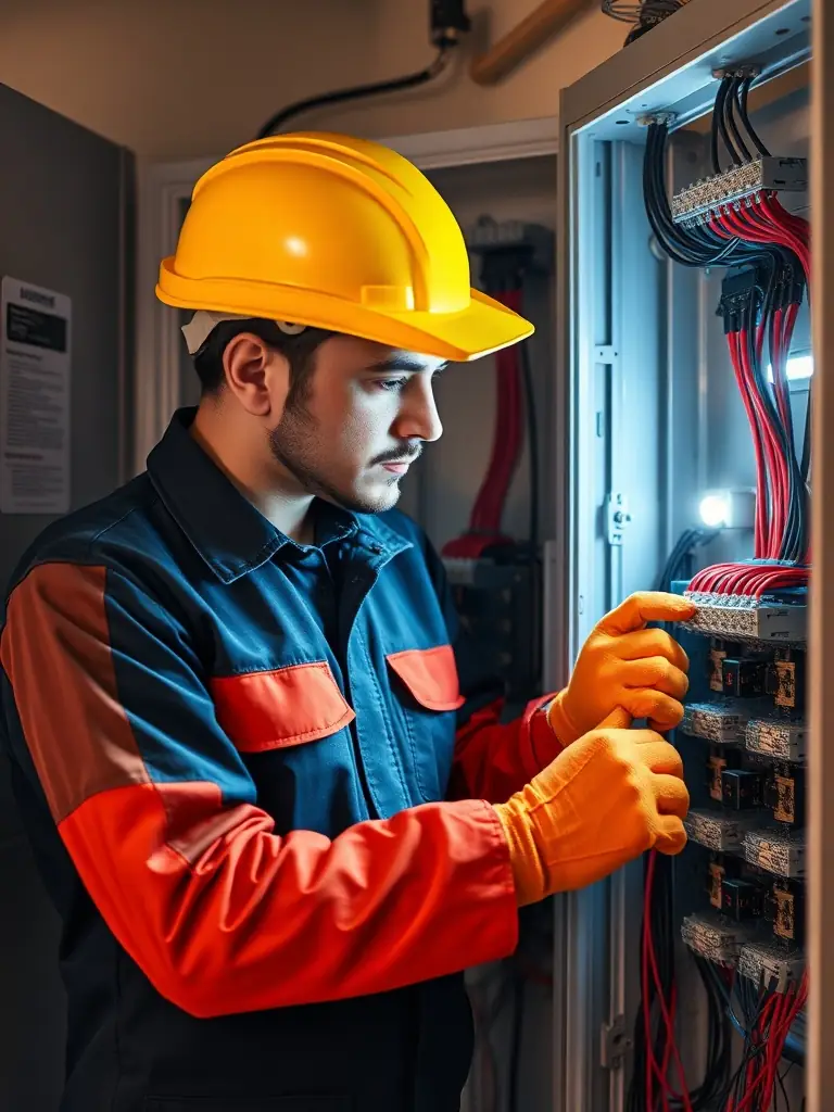 A technician wearing full safety gear, including a helmet and gloves, working on electrical wiring, demonstrating our commitment to safety.
