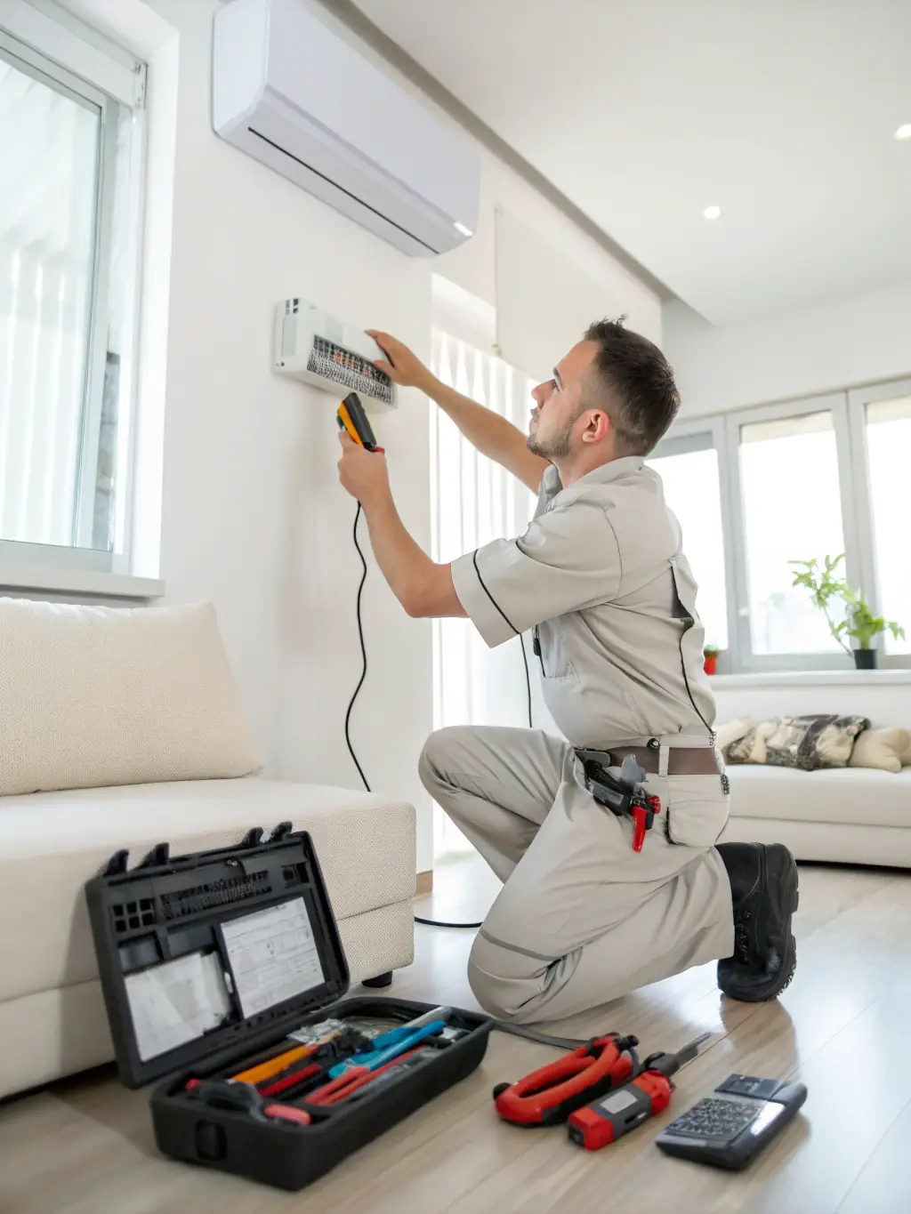 A close-up shot of a technician's hands expertly repairing an AC unit, showcasing precision and skill.