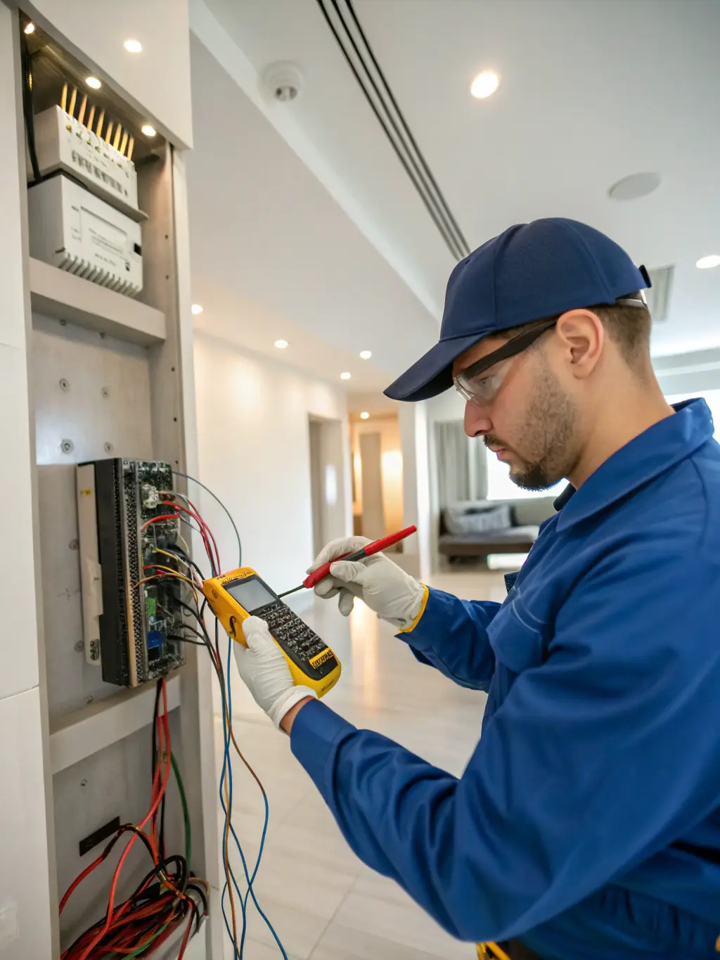 A technician wearing full safety gear, working on electrical wiring, emphasizing safety compliance and responsible practices.