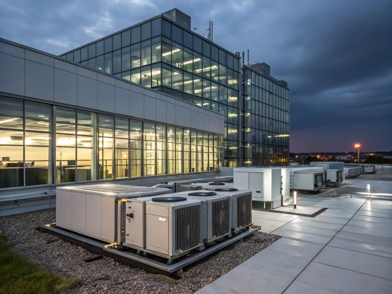 A modern office building with VRF system units visible on the roof, showcasing energy efficiency.
