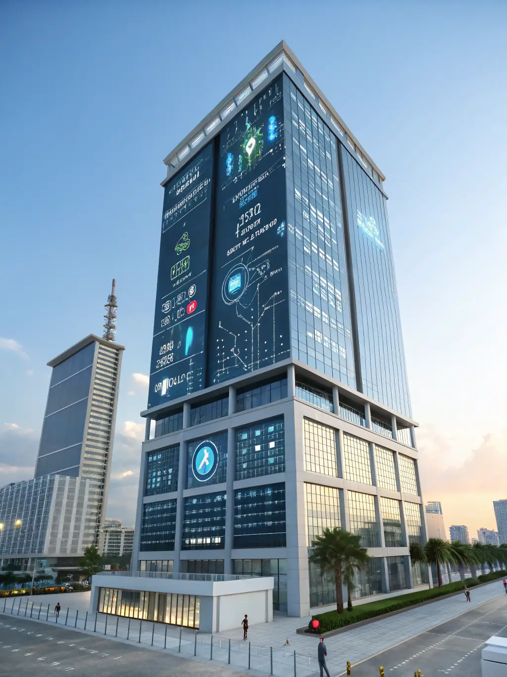A modern office building with a chilled water system installed, showcasing energy efficiency with a visual representation of reduced energy consumption.