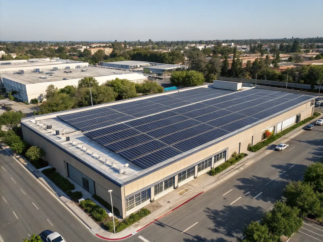 A commercial building with solar panels, highlighting the energy savings achieved through Technical Services Illustration V2's energy-efficient solutions.
