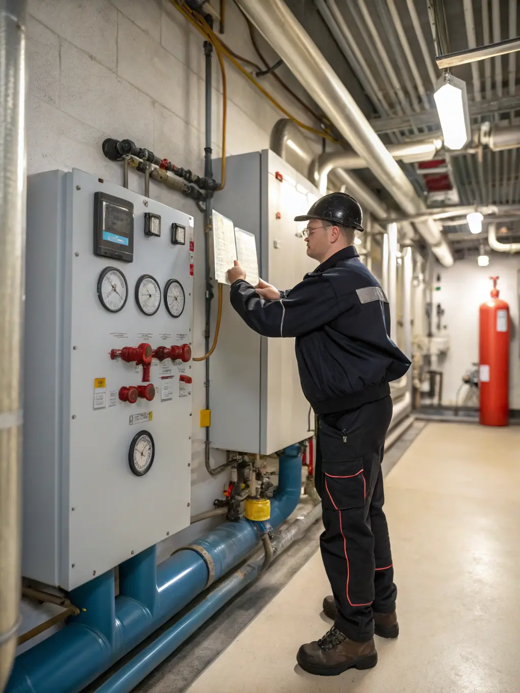A technician performing maintenance on a chilled water system, highlighting the reliability and longevity of the system.