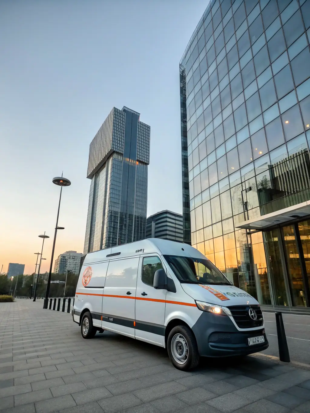 A service van speeding down a Dubai highway, symbolizing quick response times and efficient service delivery.