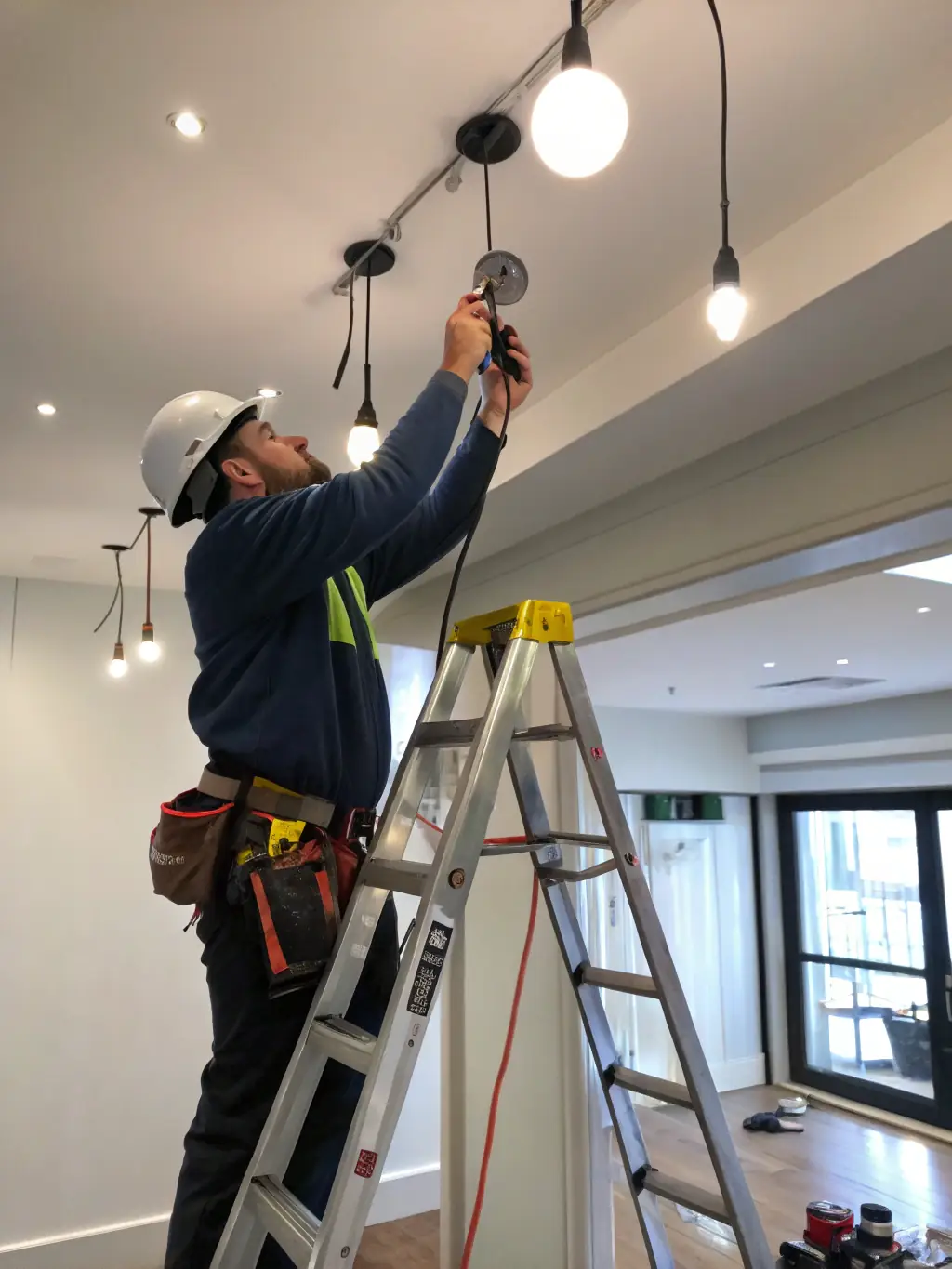 A technician wearing full safety gear, working diligently on electrical wiring in a residential property, highlighting the company's dedication to safety.