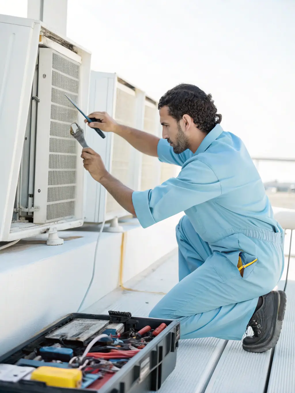A close-up shot of a technician's hands expertly working on an air conditioning unit, showcasing their skill and precision.