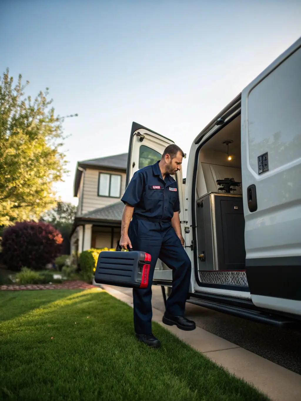 An image of a clock with a blurred background of a technician arriving promptly at a customer's doorstep, emphasizing speed and reliability.
