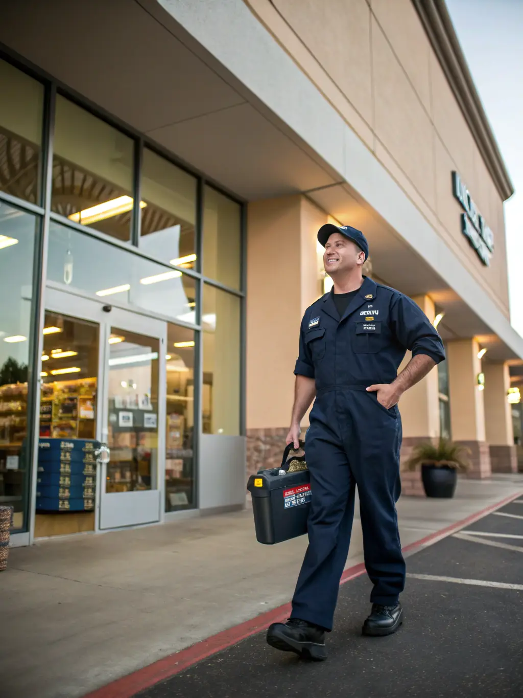 An image showing a technician swiftly responding to a service request at a commercial building, emphasizing the company's commitment to quick and efficient service.