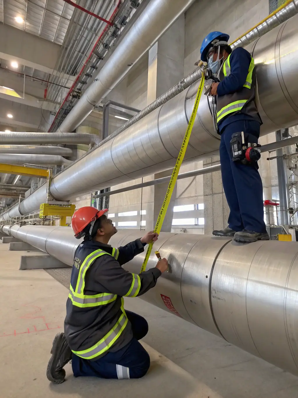 Chilled water pipes being installed in a commercial building, emphasizing the complexity and expertise required.
