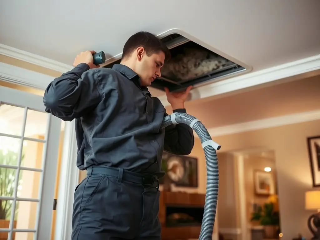 A technician in uniform inspecting ductwork in a modern home, using specialized tools to check for leaks and damage, with a focus on precision and attention to detail.