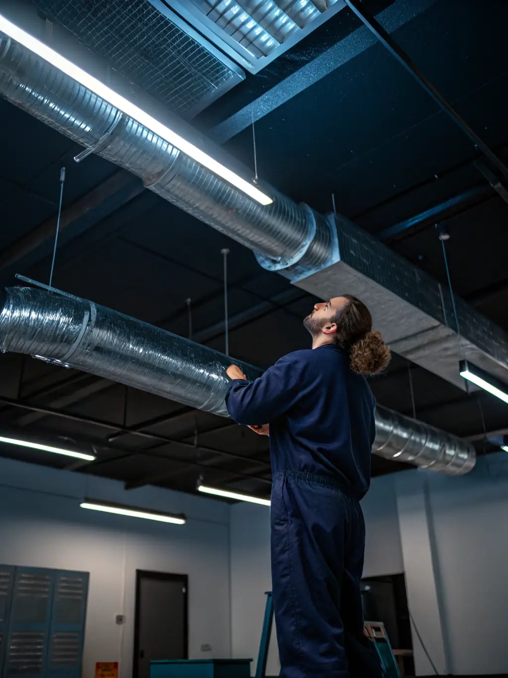 A technician inspecting ductwork in a commercial building, highlighting the precision and attention to detail.