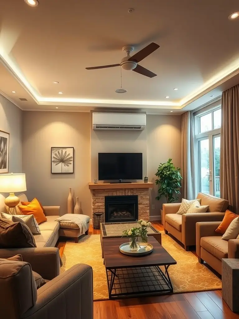 A modern home interior with an HVAC unit seamlessly integrated, showcasing energy efficiency and comfort.