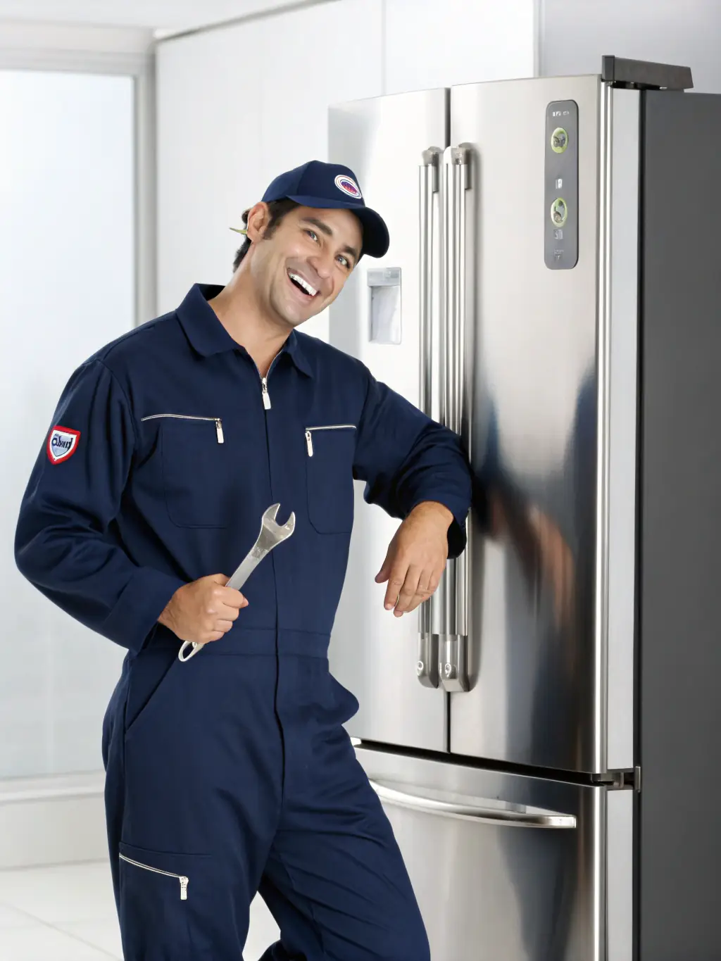 A close-up shot of a uniformed technician smiling confidently while holding a set of professional tools in a well-lit, modern home setting, symbolizing expertise and reliability.